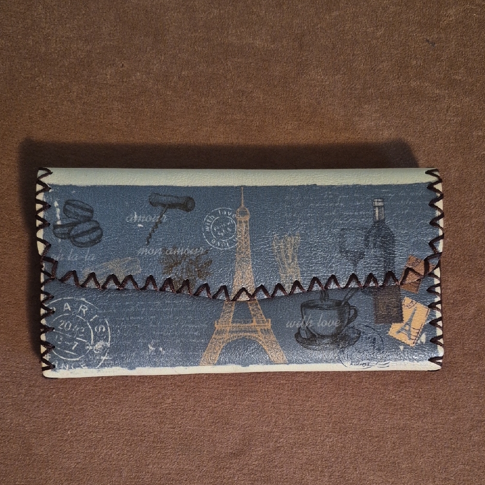 Blue Eiffel Tower Wallet Lace Sides 7.5 X 4 Inch